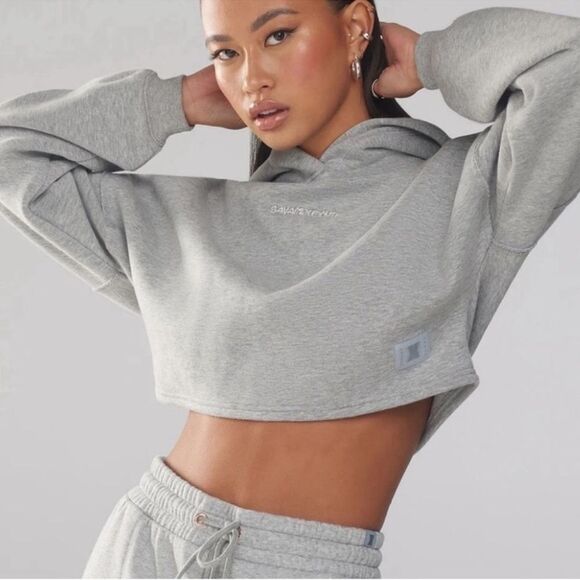Savage X Fenty Essential Cropped Hoodie with Logo Pullover Platinum Grey Large - Picture 3 of 15